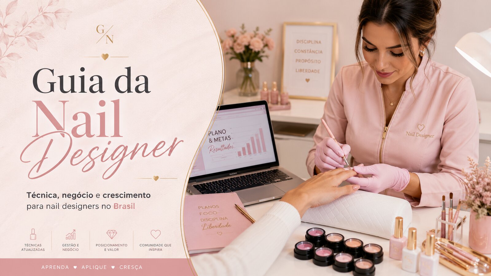 Nail designer atendendo cliente em ambiente profissional rosa e dourado, com esmaltes e ferramentas organizadas