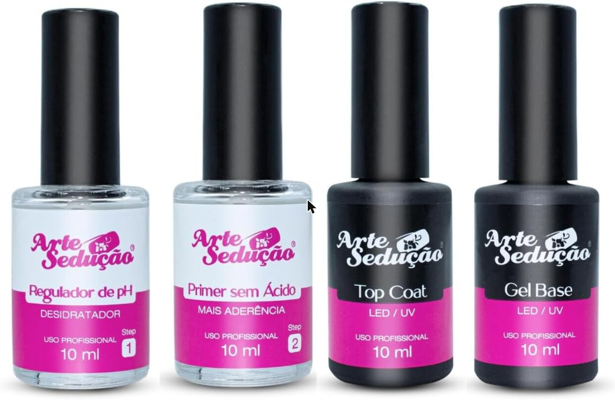 Foto do produto Kit Blindagem Completa: Gel Base + Top Coat + Primer + Regulador pH — R$ 79,90